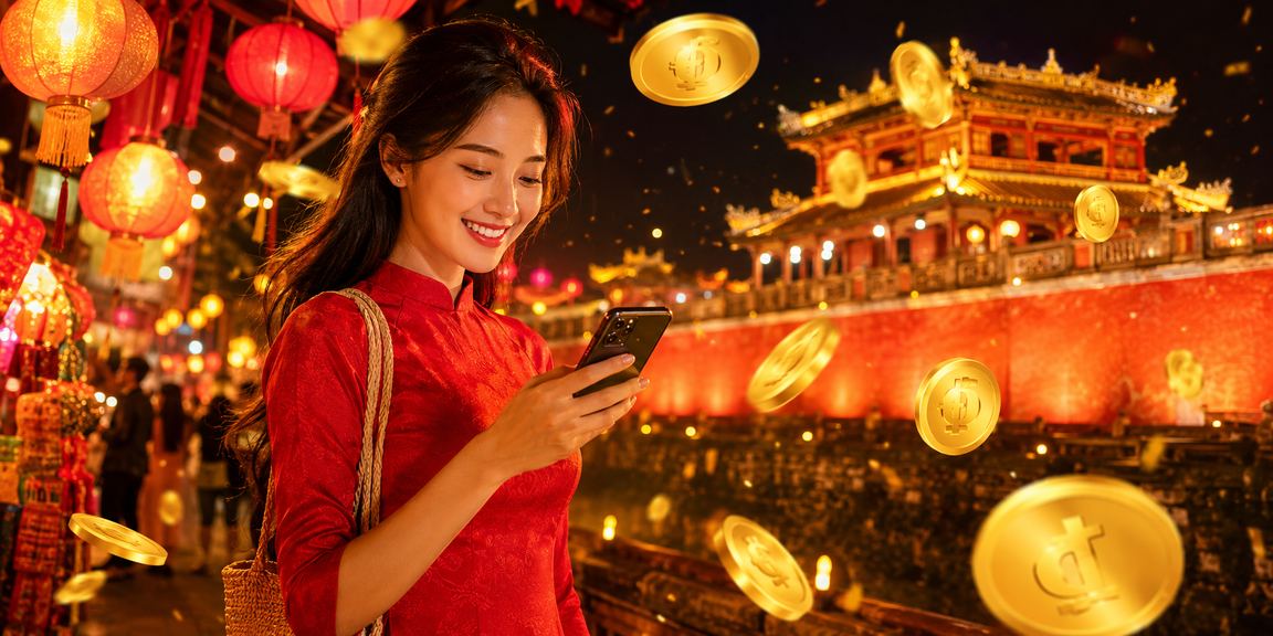 Người chơi xổ số tại chợ đêm Huế với điện thoại thanh toán điện tử
