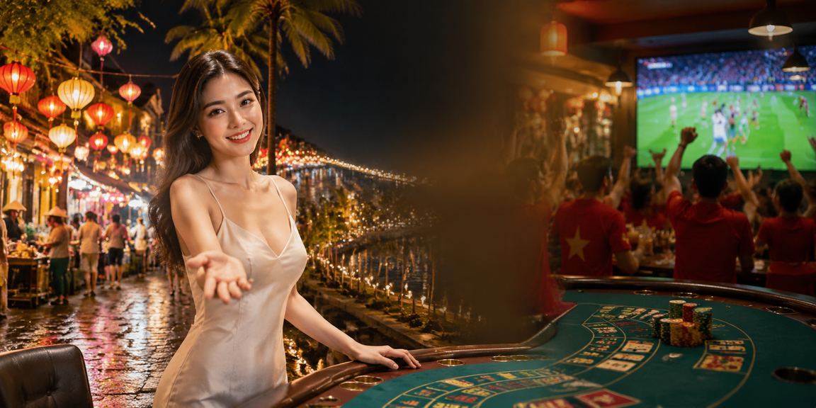 Người chơi Baccarat tại chợ đêm Phú Quốc với ánh đèn rực rỡ buổi tối